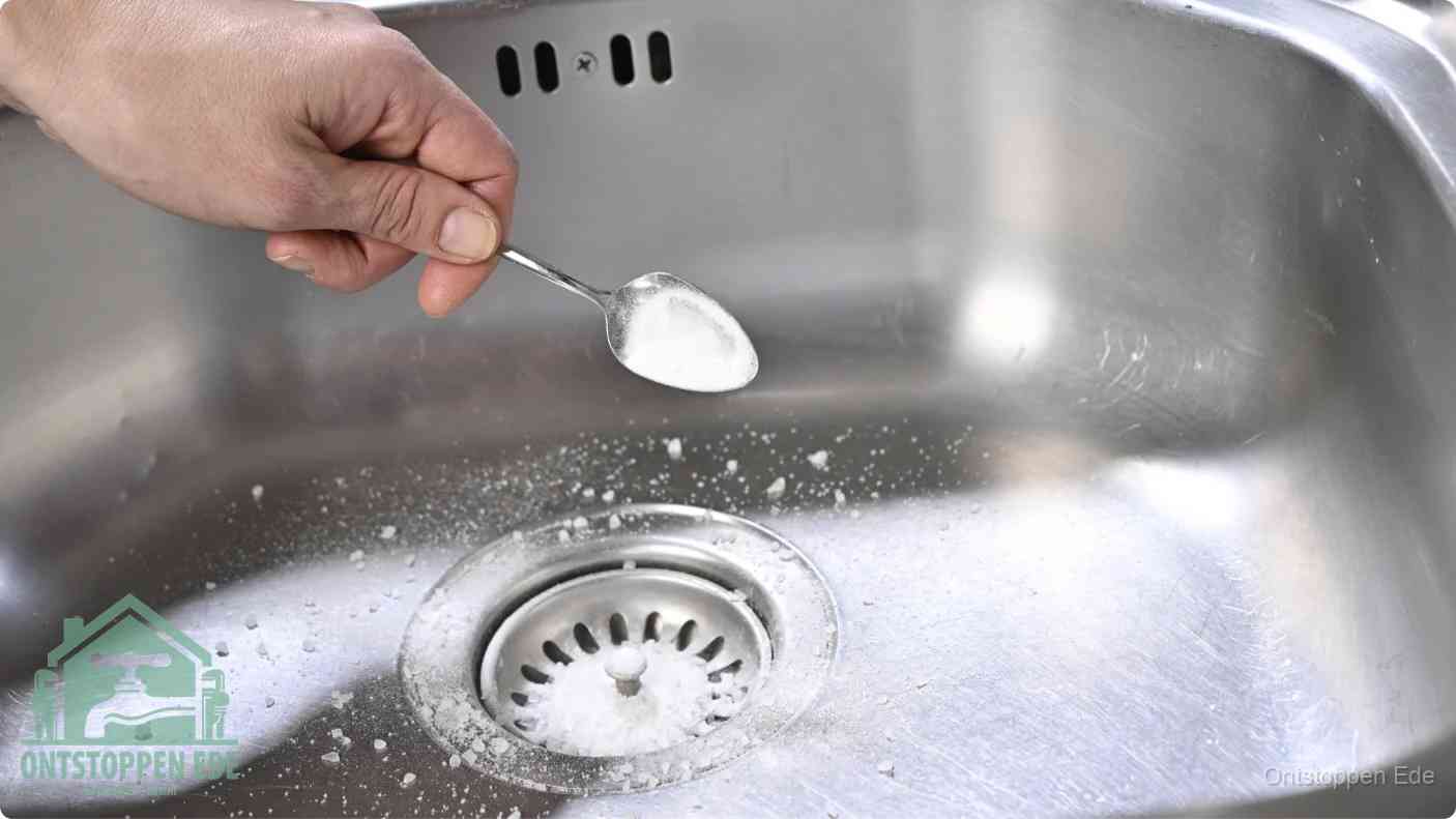 Een hand strooit met een lepel soda in de afvoer van een roestvrijstalen spoelbak, de soda en azijn huismiddel-methode om de afvoer te ontstoppen in Ede