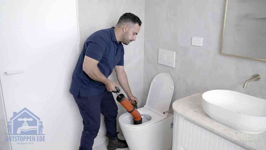Een monteur gebruikt een handmatige perspomp (toiletontstopper) op een wandcloset tijdens het professioneel wc ontstoppen in Ede