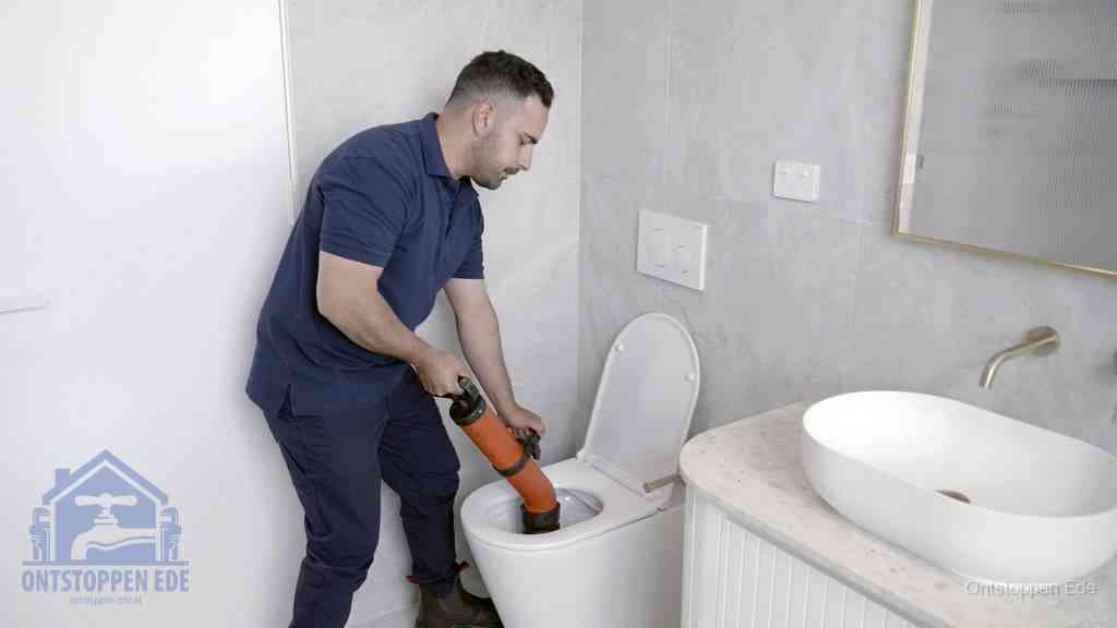 Een man gebruikt een handmatige luchtdruk-ontstopper in een modern betegeld toilet om zelf de wc te ontstoppen in Ede